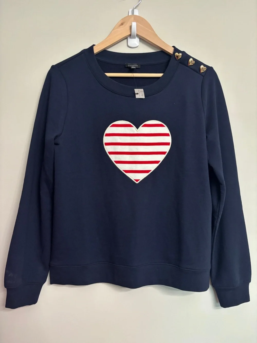 Talbots Navy Crewneck Sweater with Striped Heart Applique S Small NWT Americana - Picture 1 of 6